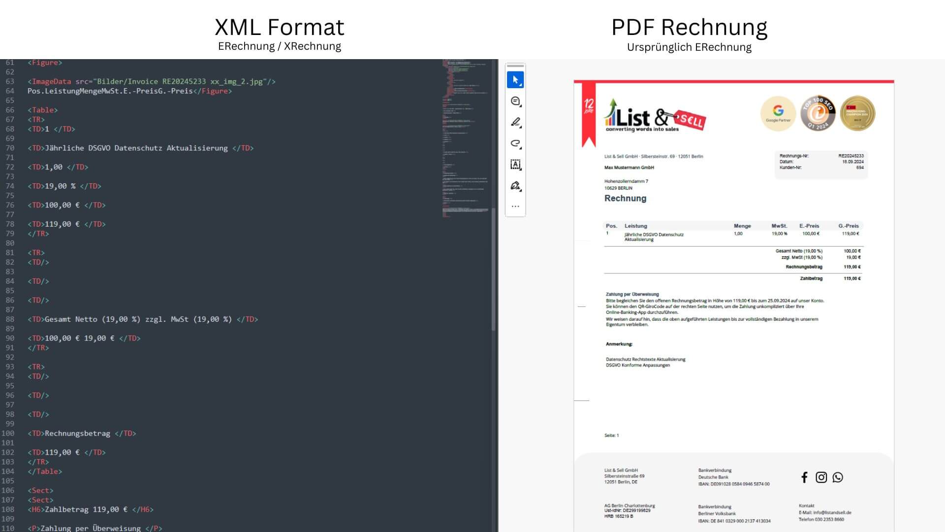 Vergleich von XML Erechnung oder Xrechnung und PDF Rechnung für ERechnungspflicht 2025